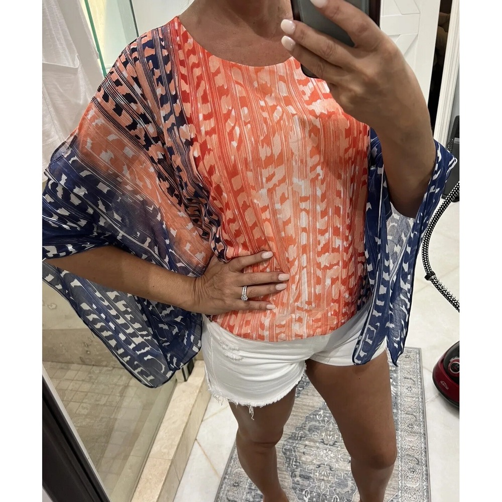 Chicos Mesh  Kimono Top Colorful Paisley 3/4  Sleeve Knit Shirt 1 M Medium